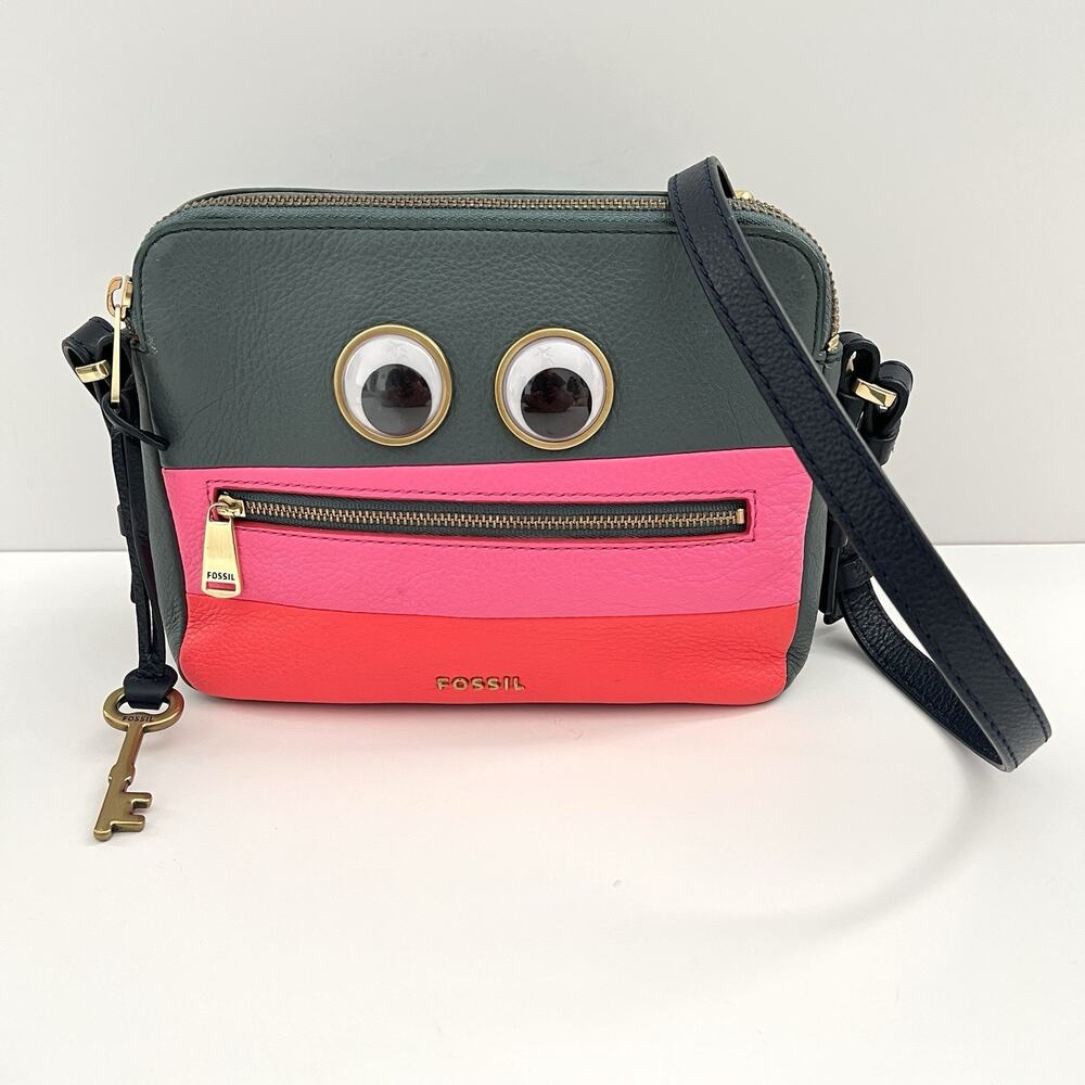Fossil Piper Bot Toaster Artic Teal Googly Eye Pebbled Leather Crossbody Bag